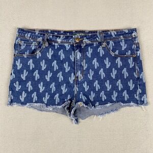 ModCloth Cactus Print Denim Mini Shorts Blue Raw Hem Cut Offs Women Size 14
